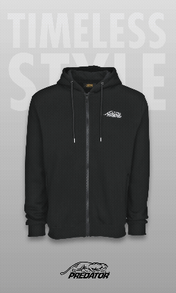 Rotating image of black zip-up hoodie with white PREDATOR logo featuring PREDATOR logo and TIMELESS STYLE text.