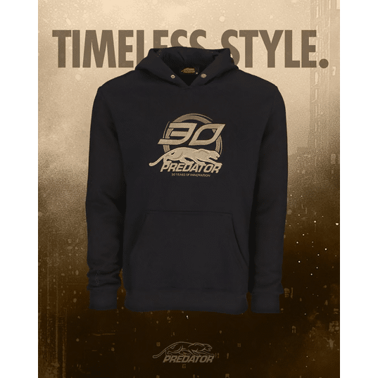 Rotating image of black hoodie with bronze PREDATOR 30 logo featuring TIMELESS STYLE text.