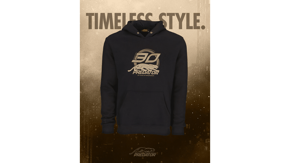 Rotating image of black hoodie with bronze PREDATOR 30 logo featuring TIMELESS STYLE text.