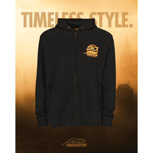 GIF of spinning black hoodie with gold 30 PREDATOR logo, featuring TIMELESS STYLE text