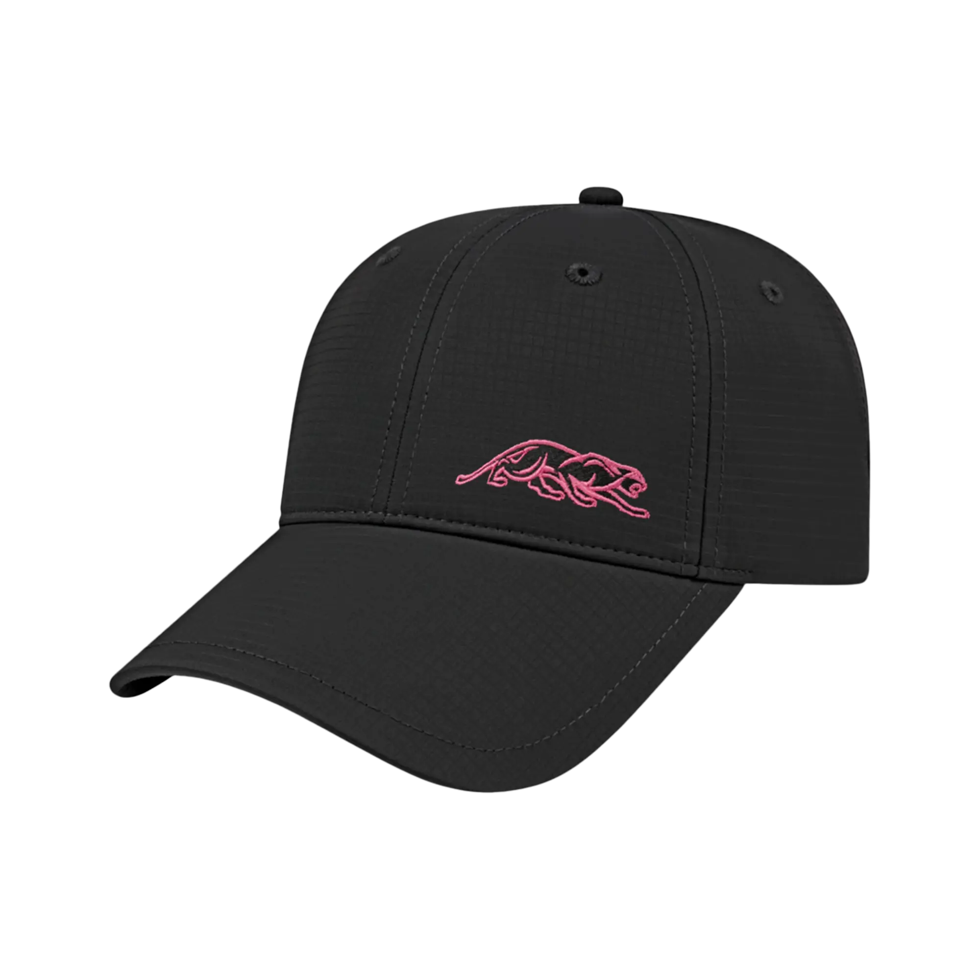 Black ball cap with pink embroidered panther against a white background.