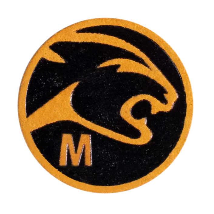 Predator Victory cue tip front view with yellow cat head and M hardness marking.