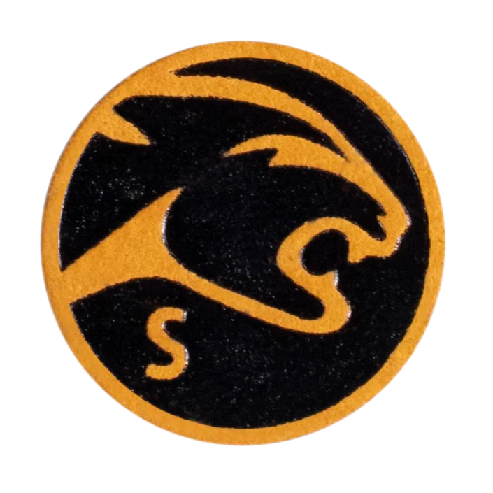 Predator Victory cue tip front view with yellow cat head and S hardness marking.