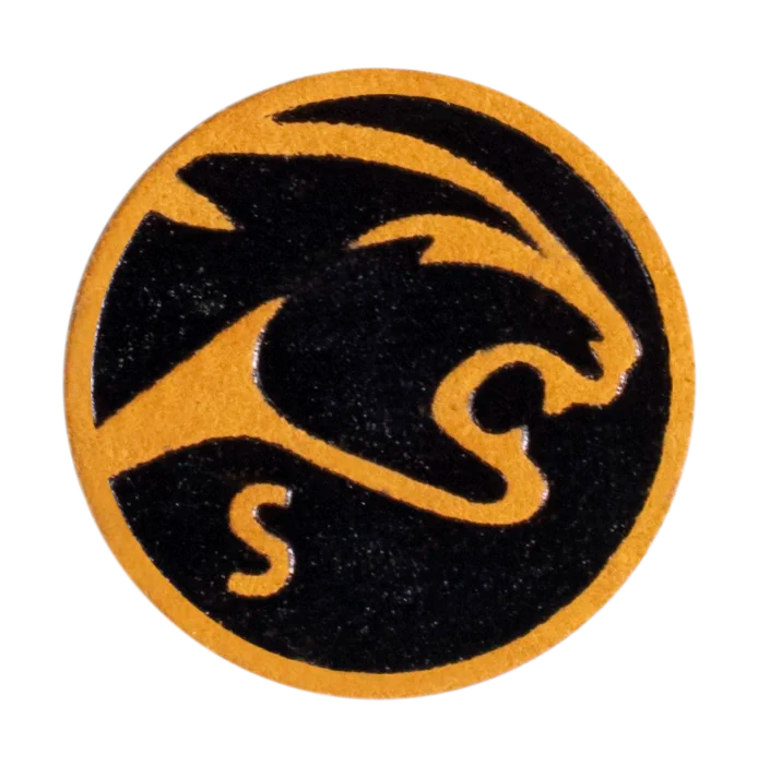 Predator Victory cue tip front view with yellow cat head and S hardness marking.