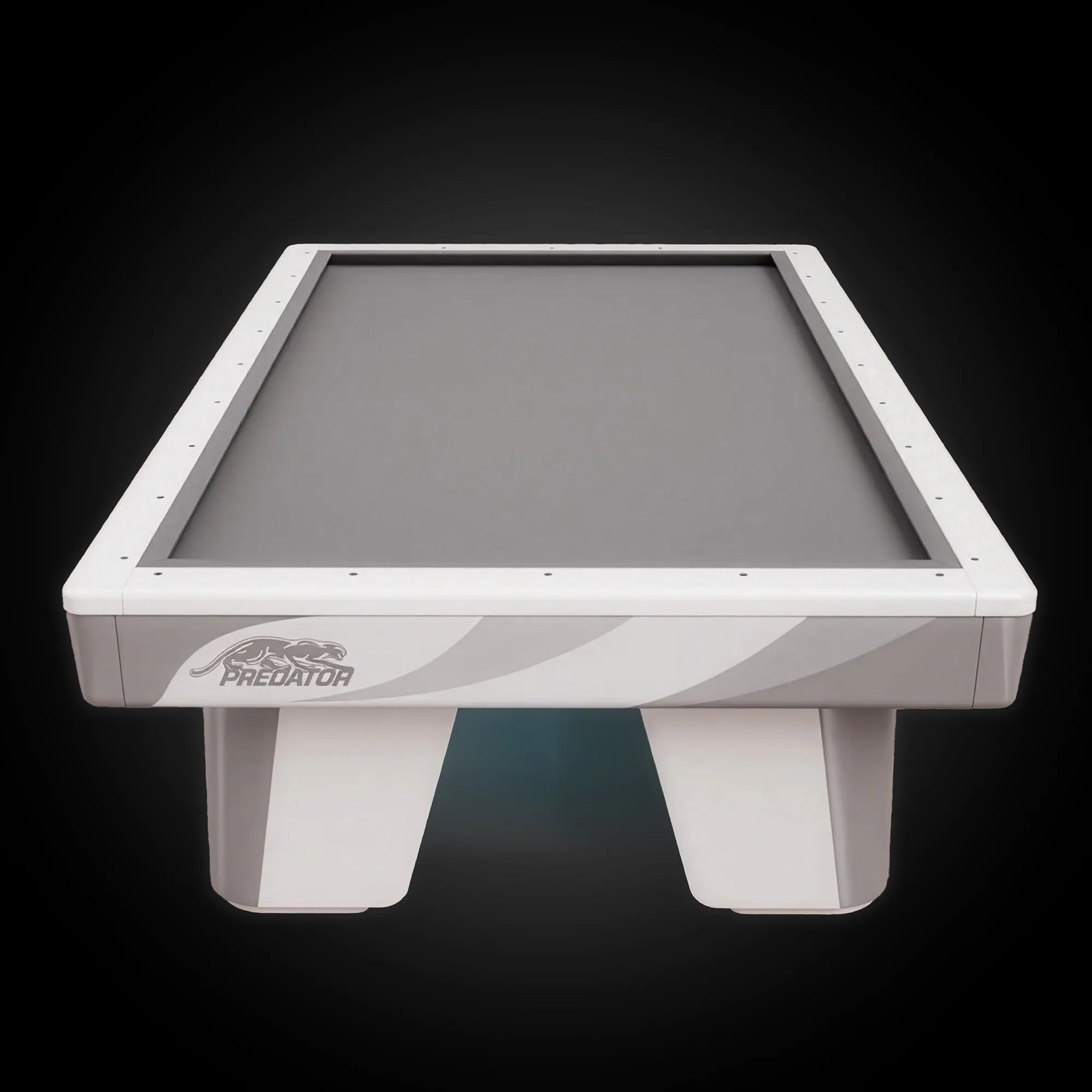 Grey pool table with Predator branding on a black background.