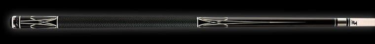 Black retired pool cue with intricate white detailing and textured black wrap