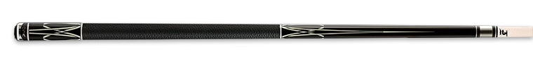 Black retired pool cue with intricate white detailing and textured black wrap