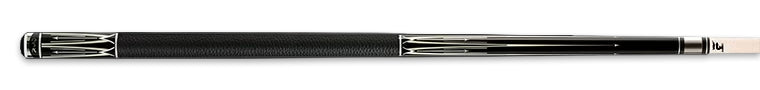 Black retired pool cue with white detailing and black leather wrap 
