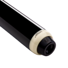Close-up of a pool cue with black and beige design on a white background.