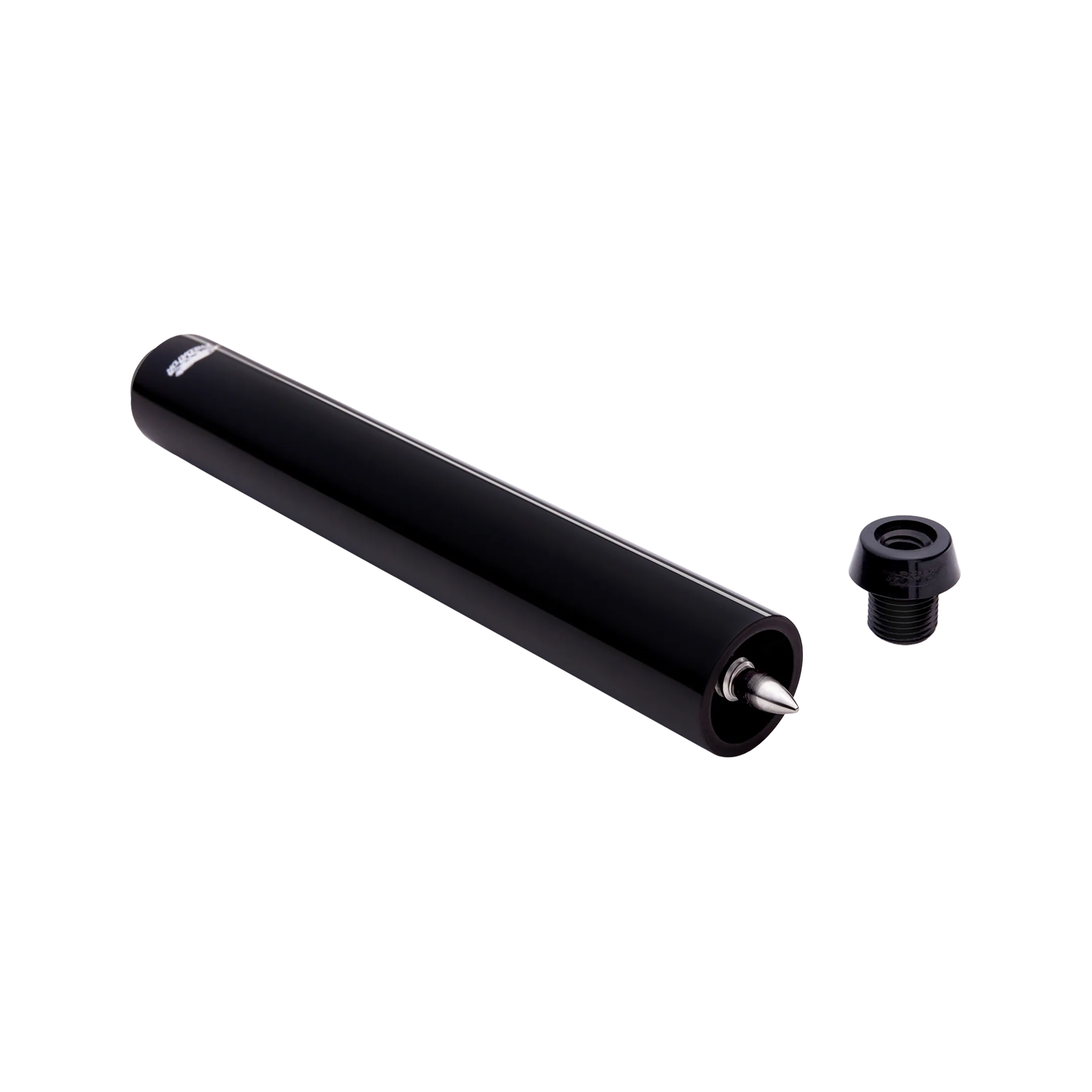 Black cylindrical pool cue extension with a black screw-in cue bumper on a white background