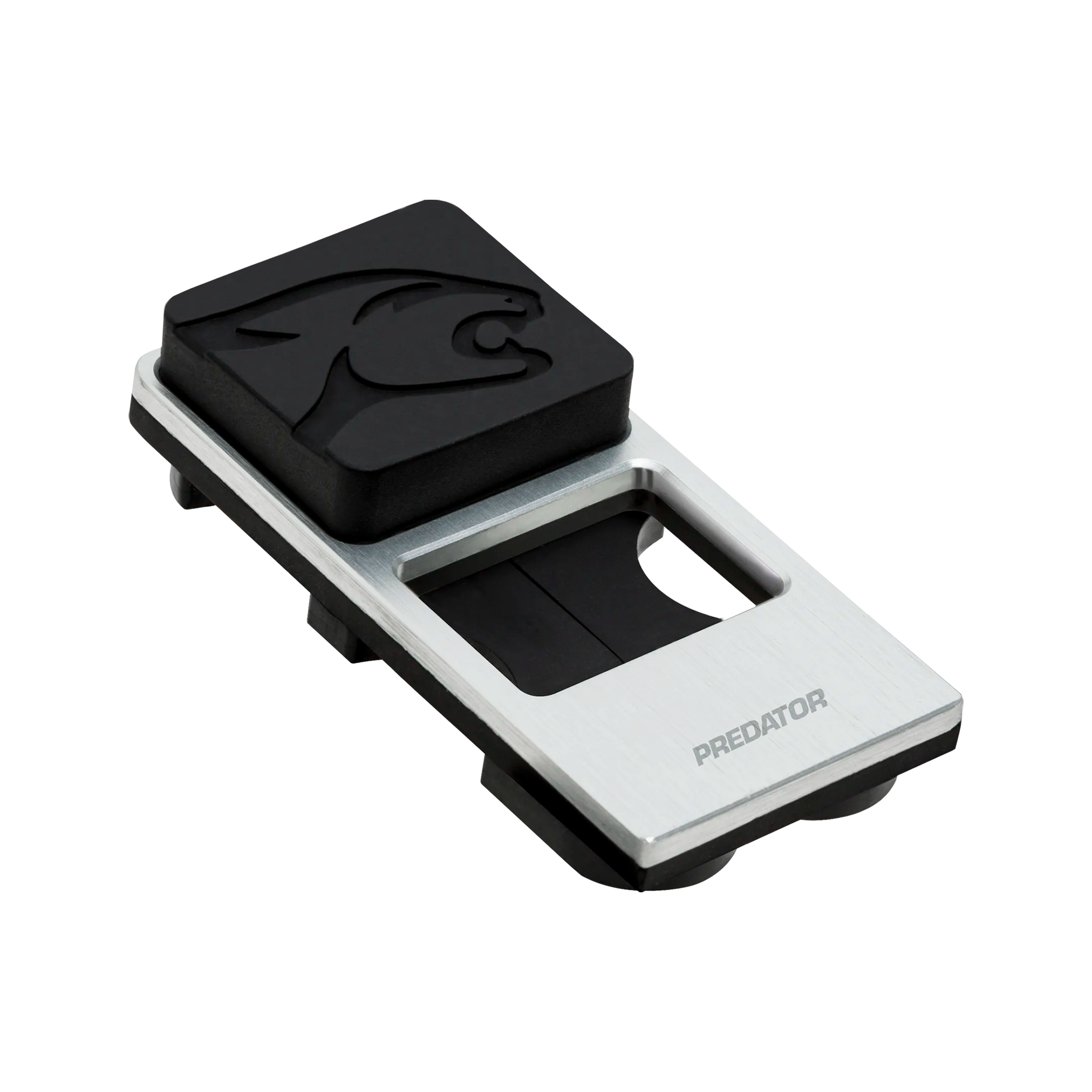 Black and silver rectangular Predator cue holder on white background.