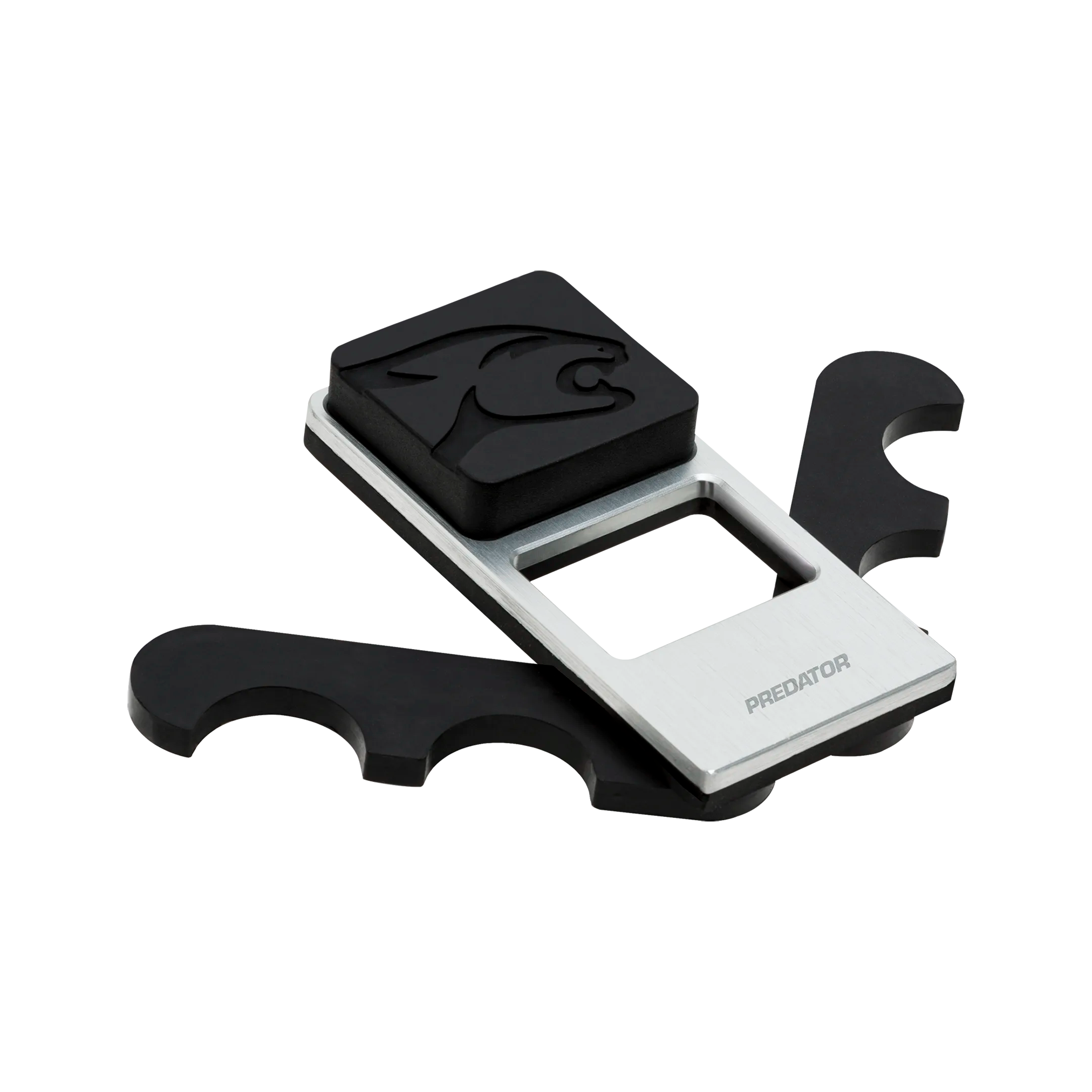 Black and silver Predator cue holder with black arms folded up on both sides.