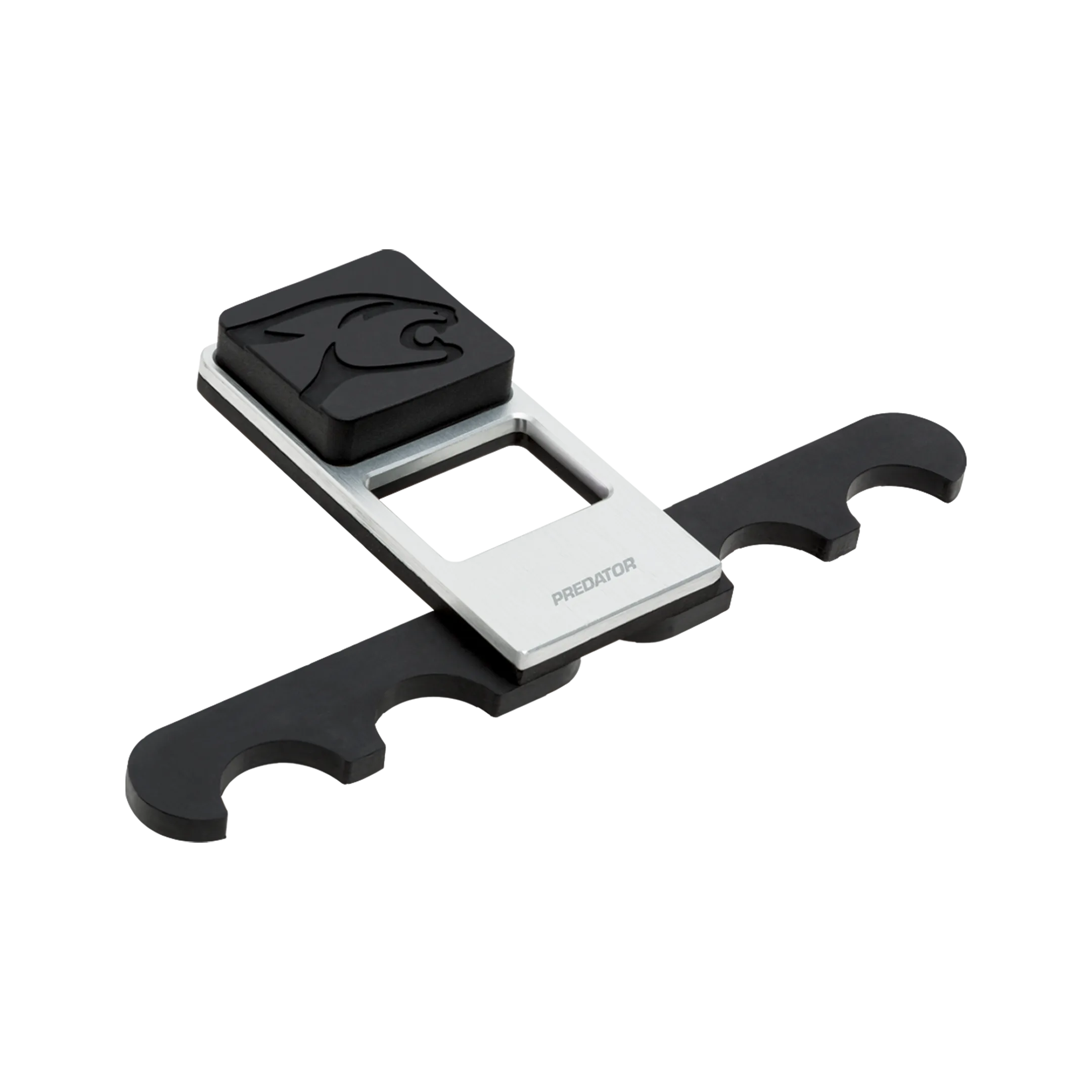 Black and silver Predator pool cue holder with black arms extended on both sides.