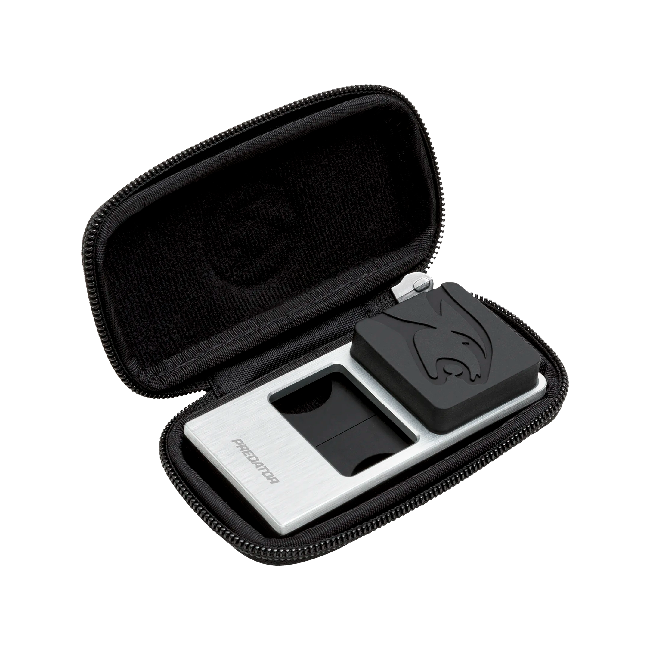 Black and silver rectangular pool cue holder inside black rectangular zippered case.