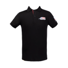 Black collared polo with United States flag Predator logo against a white background.