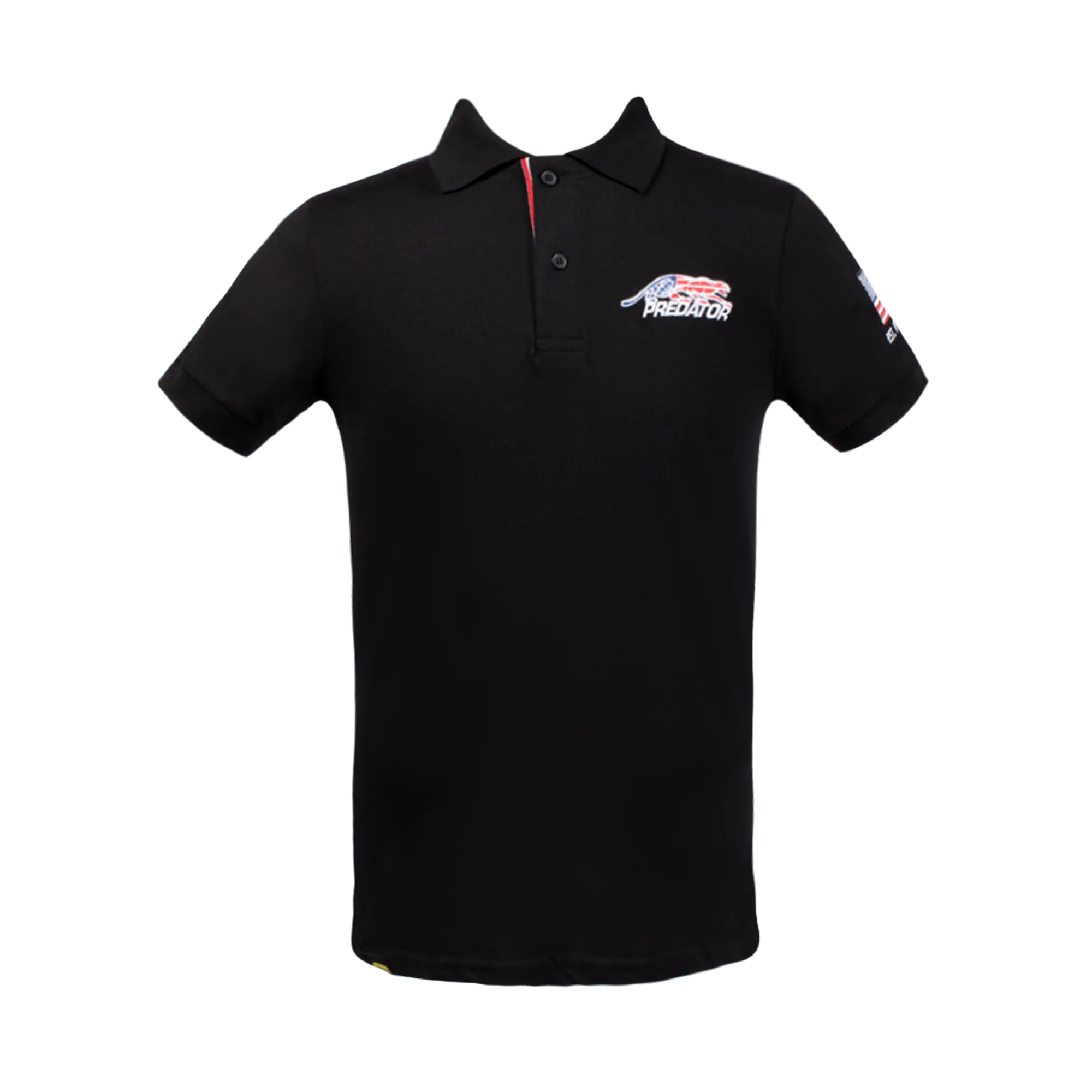 Black collared polo with United States flag Predator logo against a white background.