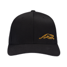 Front view of black ball cap with gold embroidered panther logo against a white background.