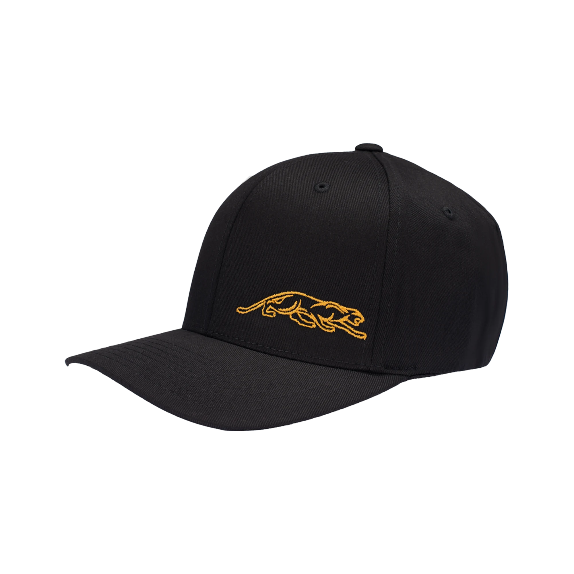 Black baseball cap with gold embroidered panther logo against a white background. 