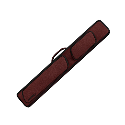 Burgundy pool cue case with black trim and black Predator logo
