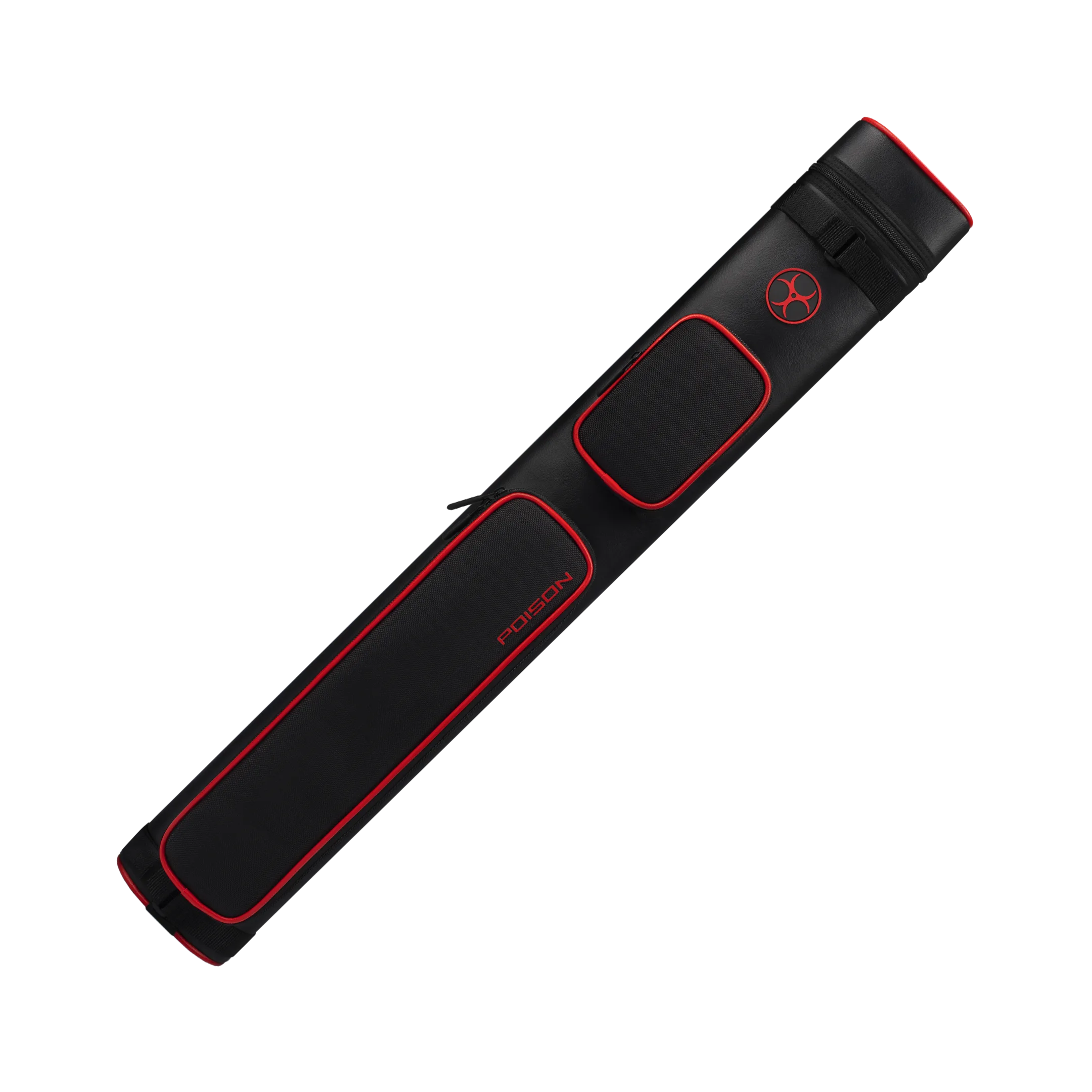 Black and red pool cue case with a POISON logo and red biohazard symbol