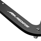 Closeup of black pool ball rack with white Predator logo on white background.