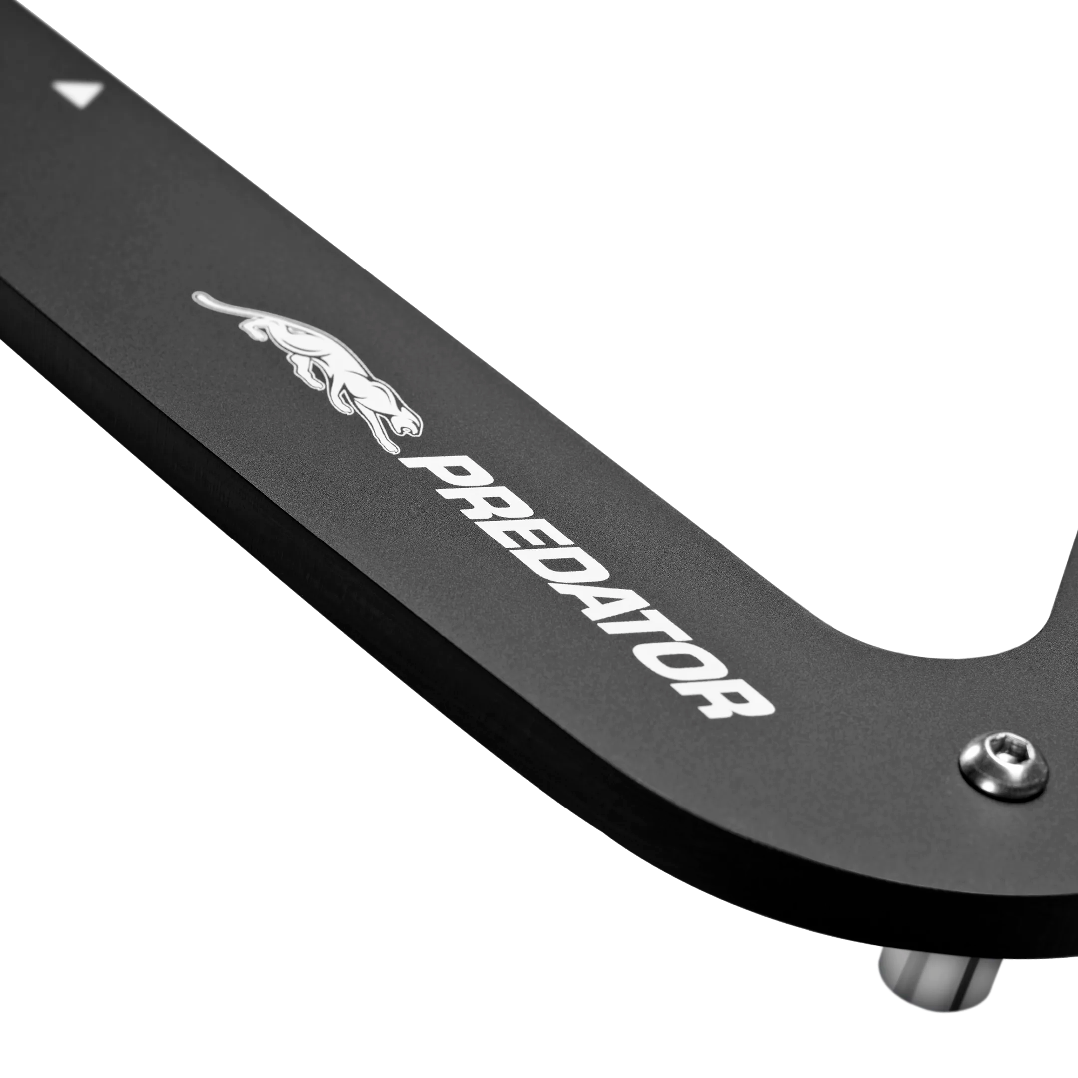 Closeup of black pool ball rack with white Predator logo on white background.