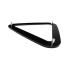 Black triangular pool ball rack with metal pegs on a white background.