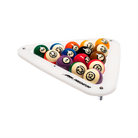 Set of pool balls in a white triangle rack on a white background.