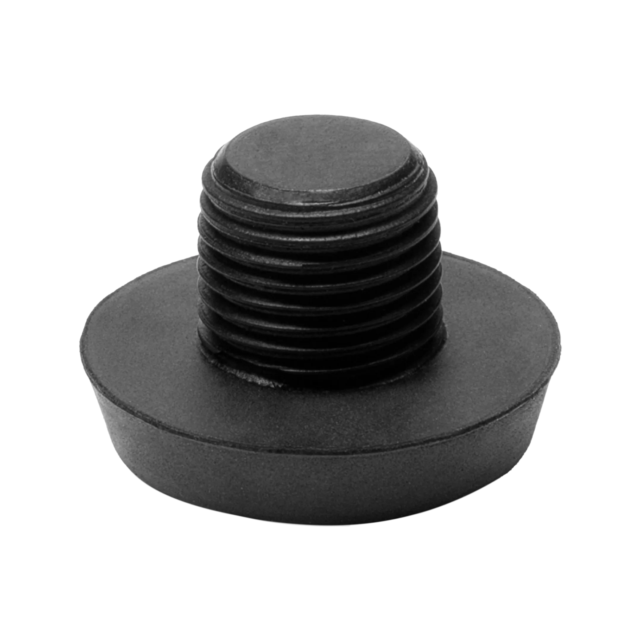 Black threaded pool cue bumper on white background.