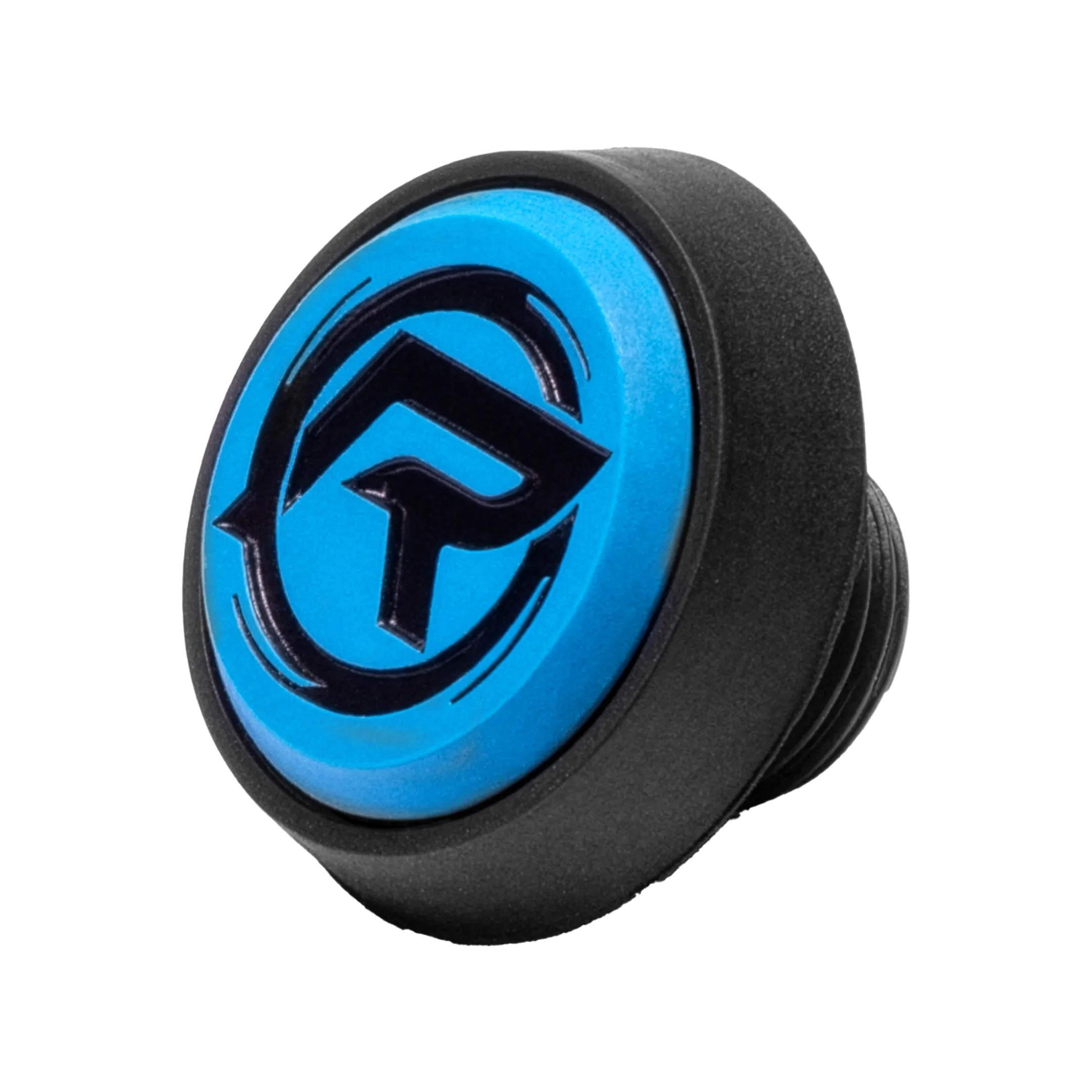Black circular pool cue bumper with circular blue R logo.
