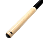 Pool cue with beige shaft and black tip on a white background.
