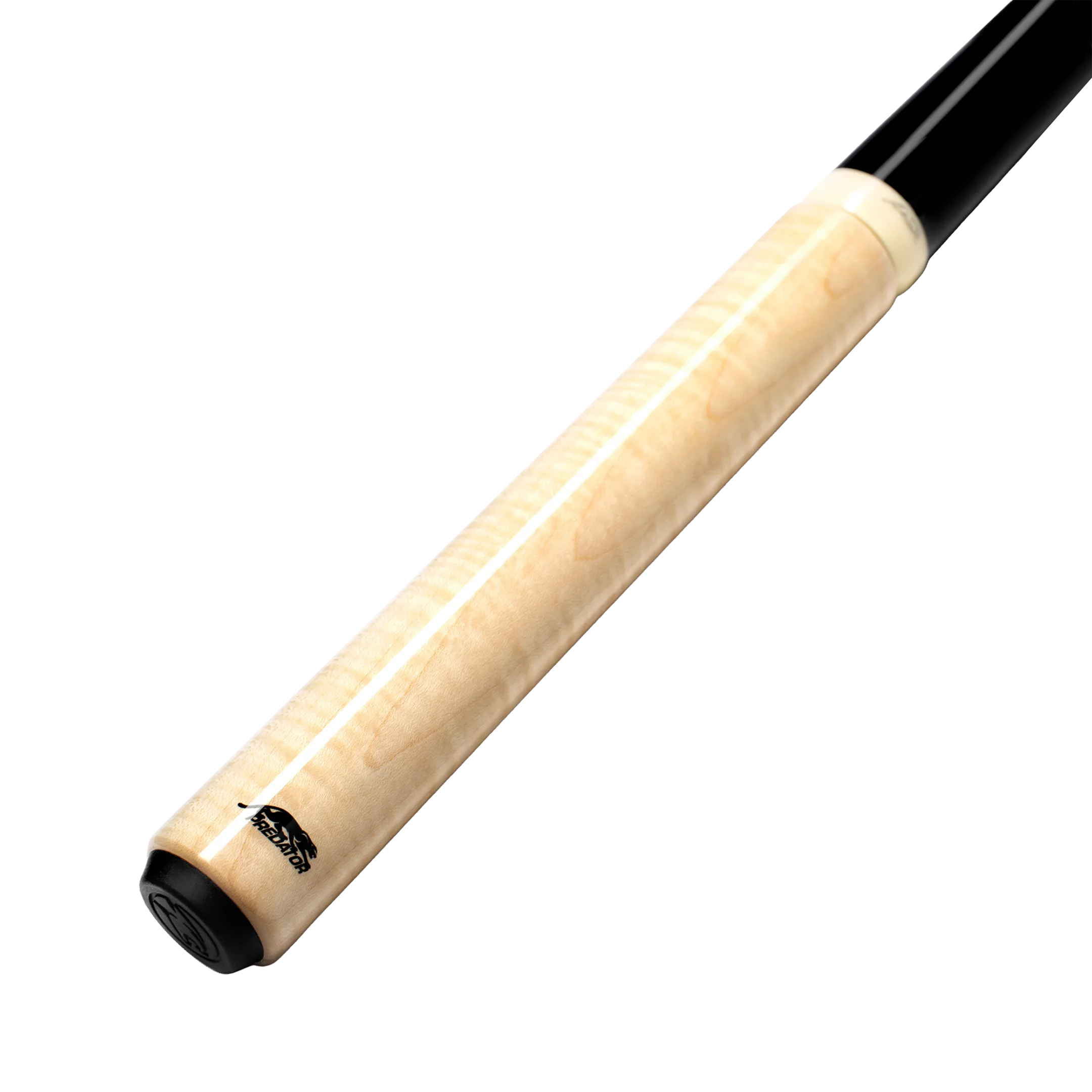 Pool cue with beige shaft and black tip on a white background.