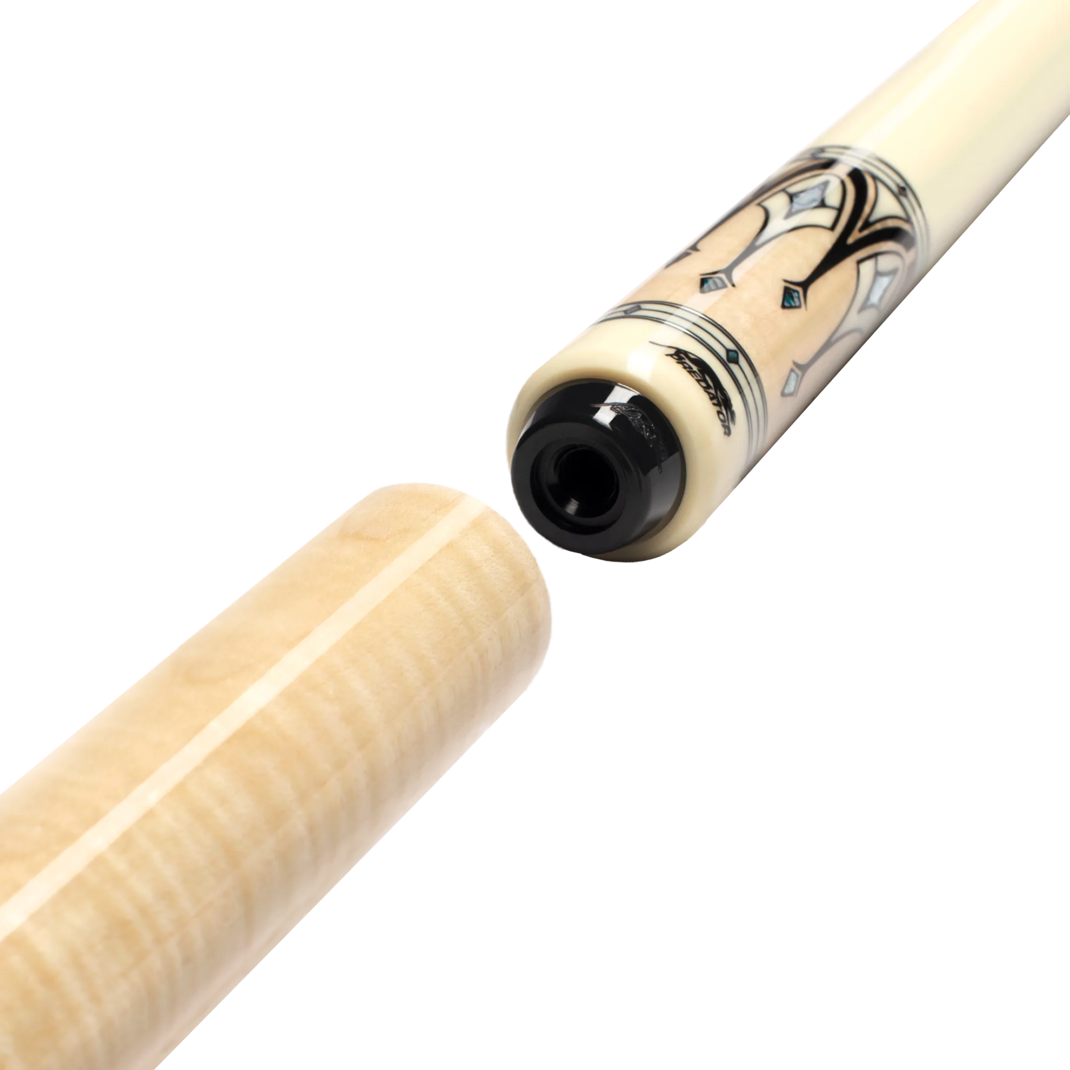 Light brown cylindrical pool cue extension posed next to pool cue butt.