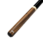 Wooden pool cue with black and white accents on a white background.