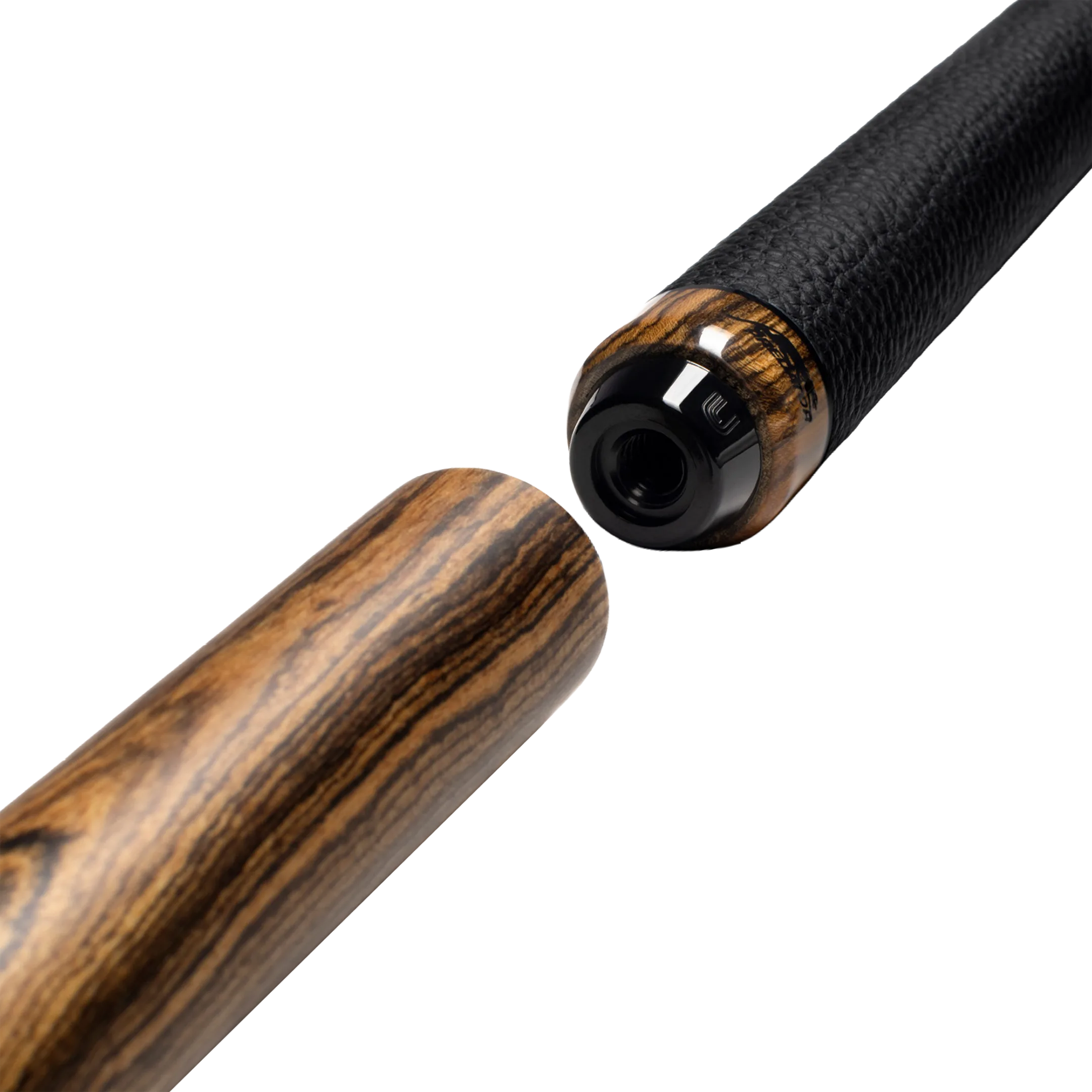 Matte wood cylindrical pool cue extension posed next to black pool cue butt.