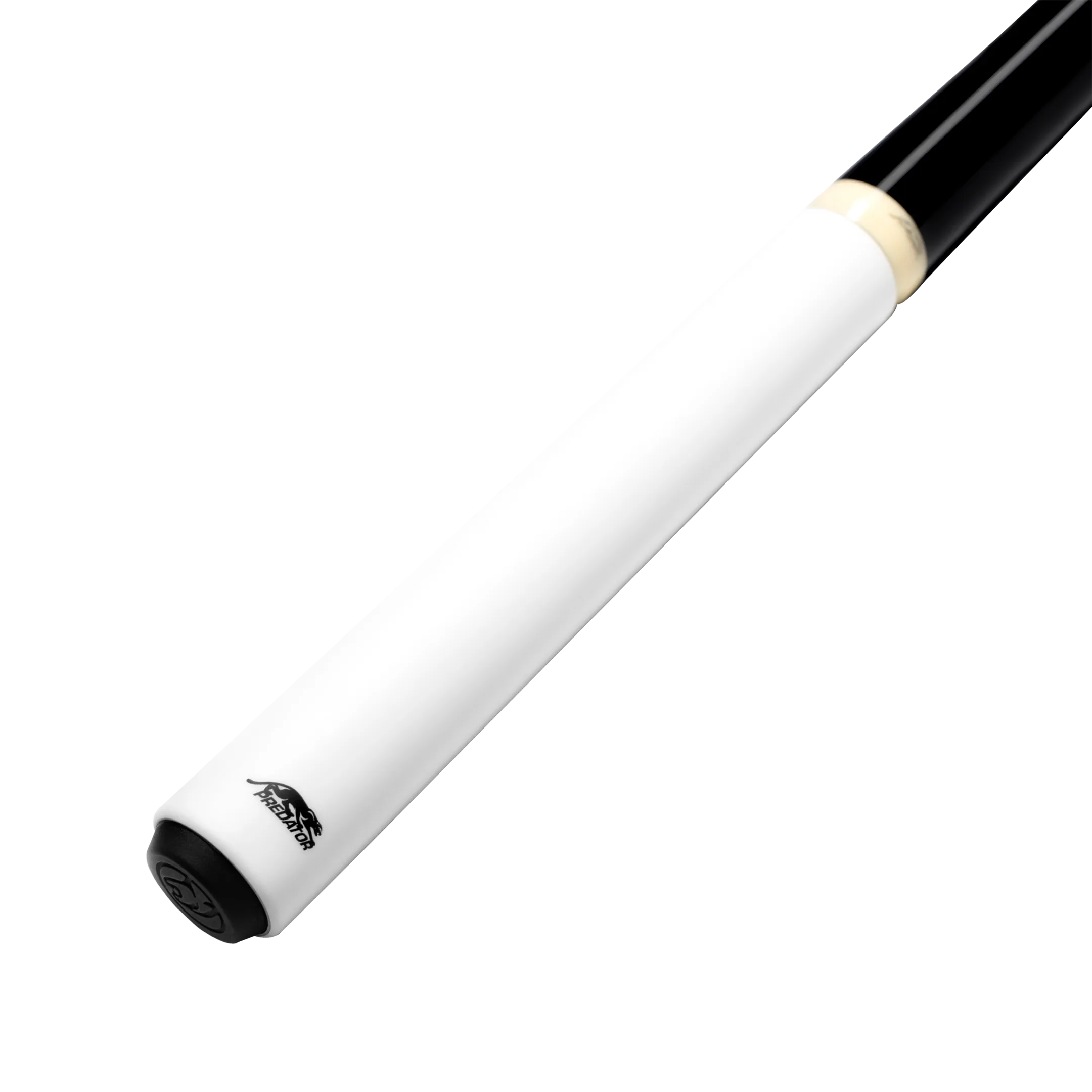 White pool cue with black shaft on white background.