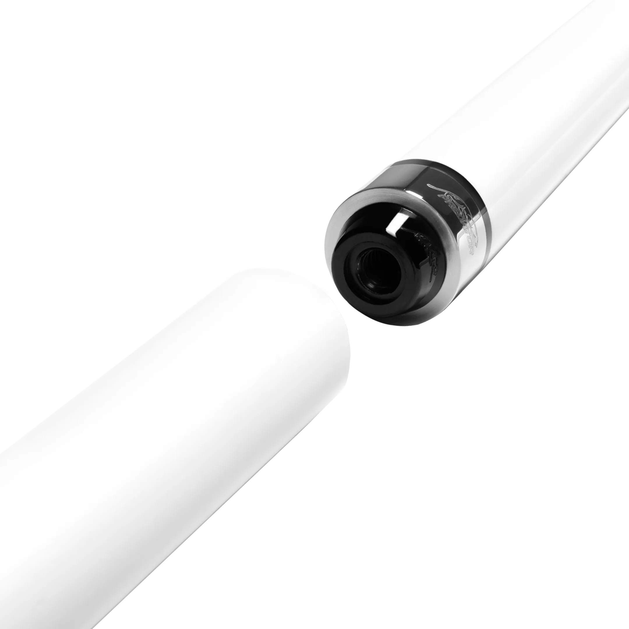 White cylindrical pool cue extension posed next to white pool cue butt. 