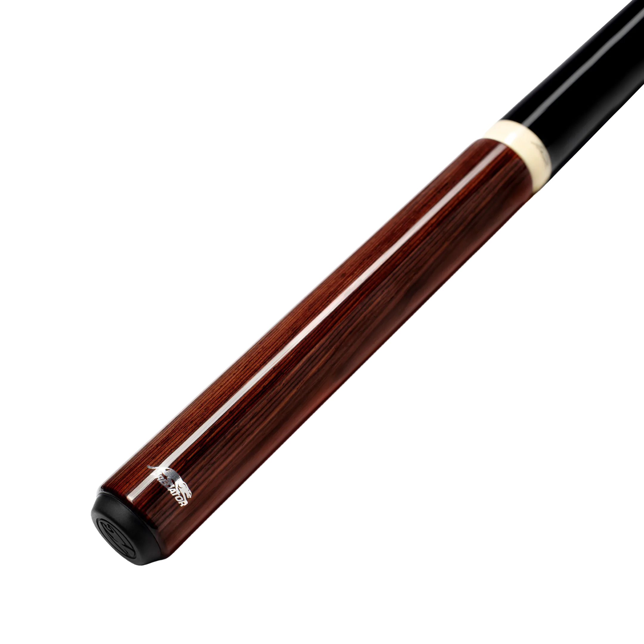 Wooden pool cue with black tip on a white background.