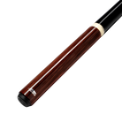 Wooden pool cue with black tip on a white background.