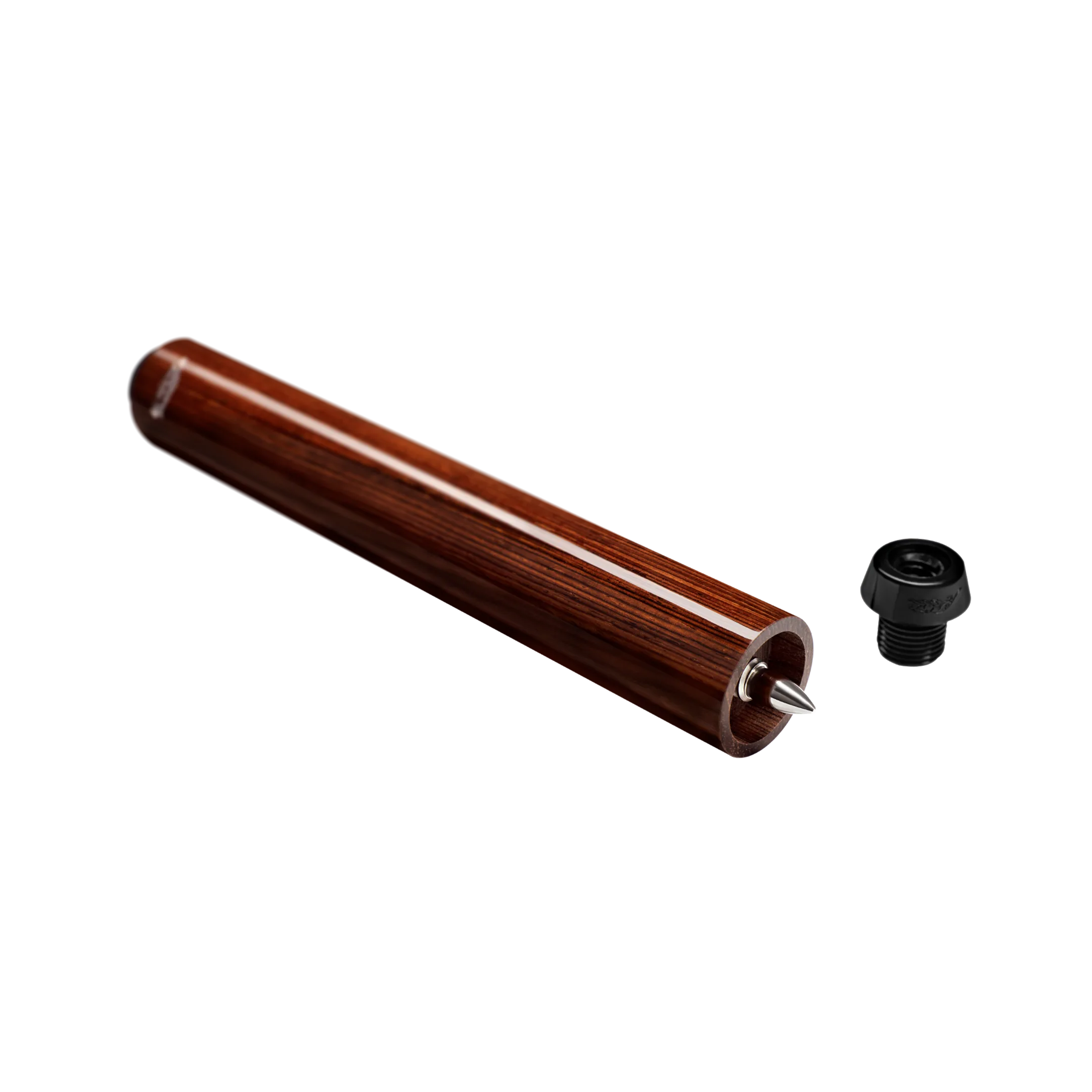 Polished wood cylindrical pool cue extension and black screw-in cue bumper.