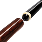Brown polished wood cue stick extension positioned near pool cue butt. 