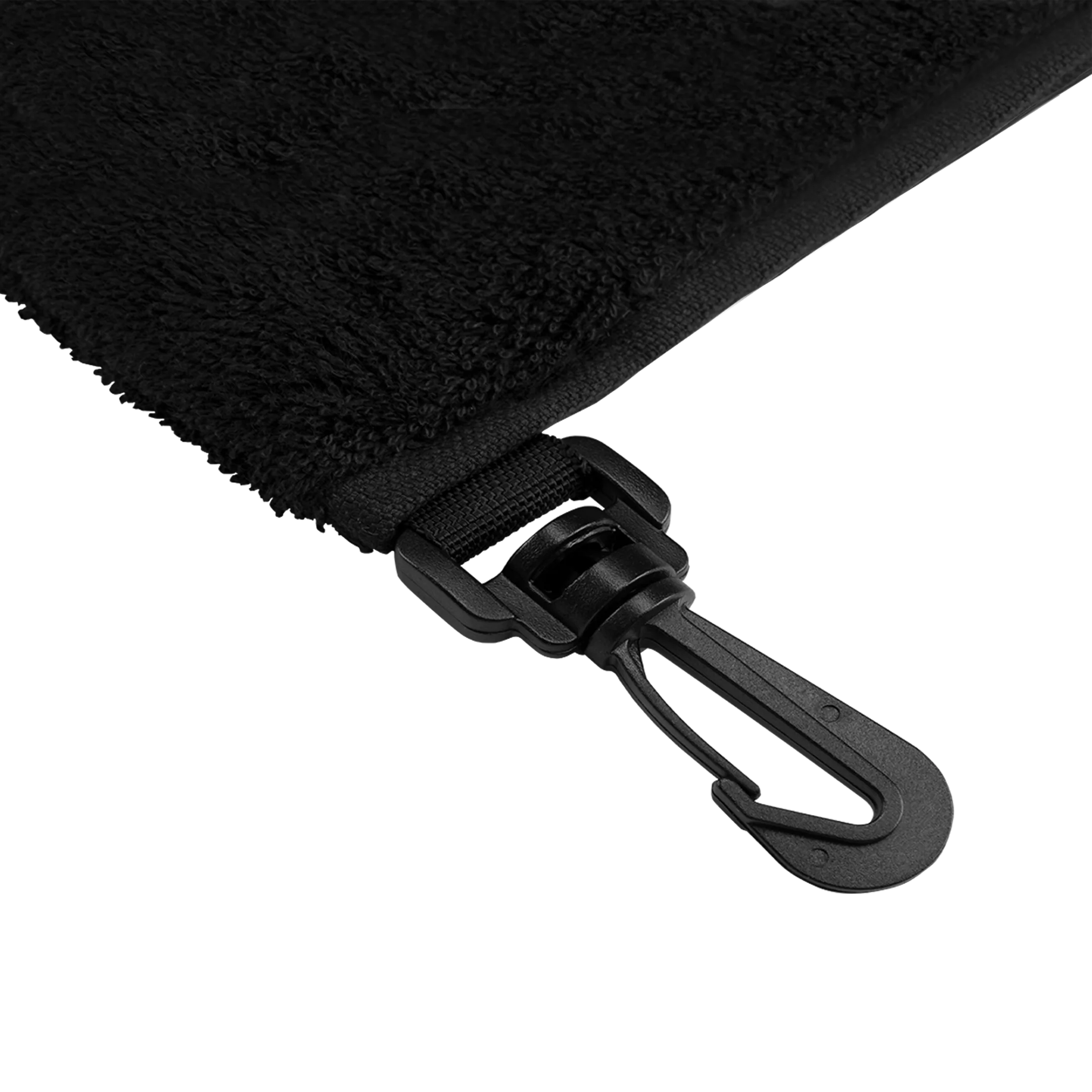Black towel with a black clip on a white background. 