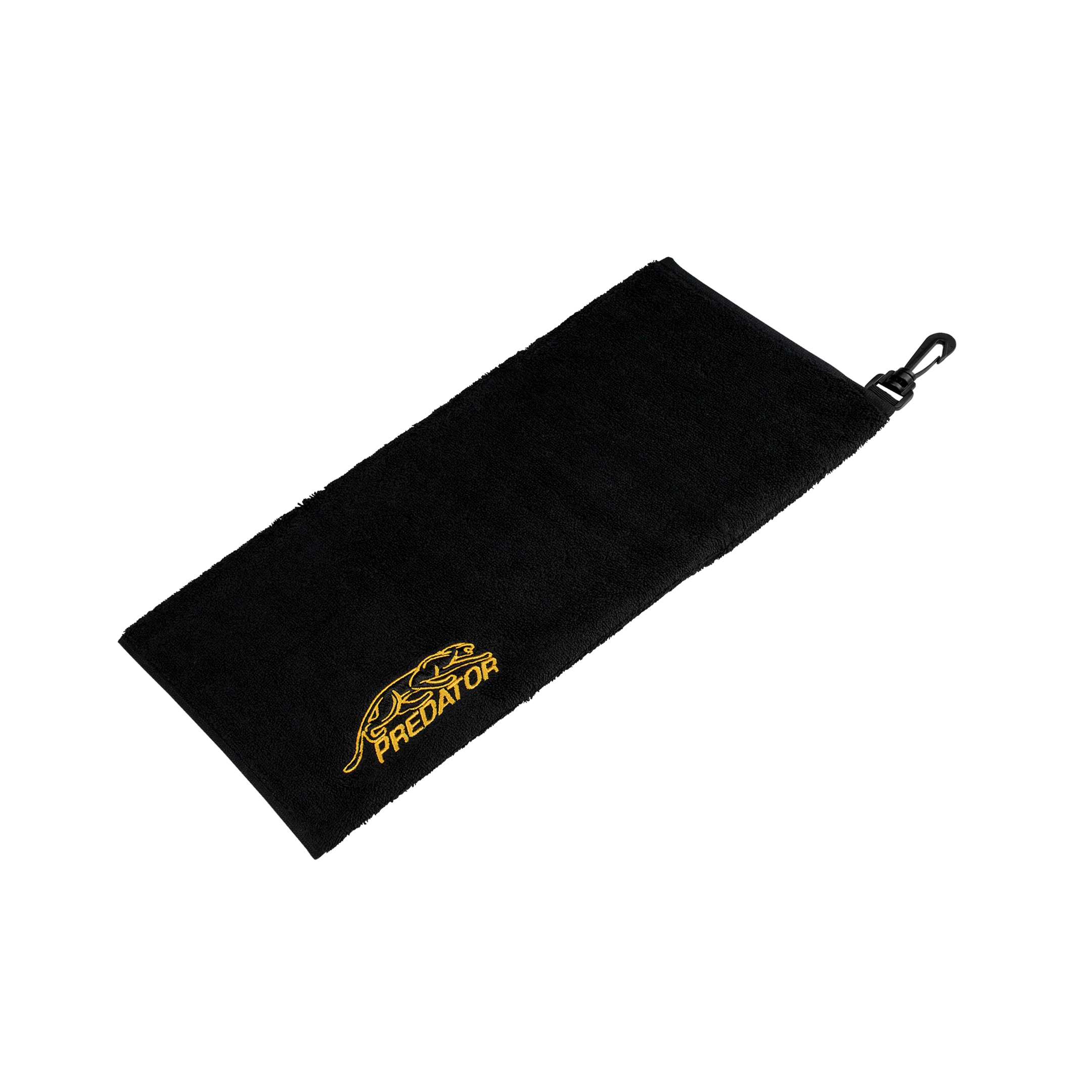 Black towel with gold Predator logo on a white background. 