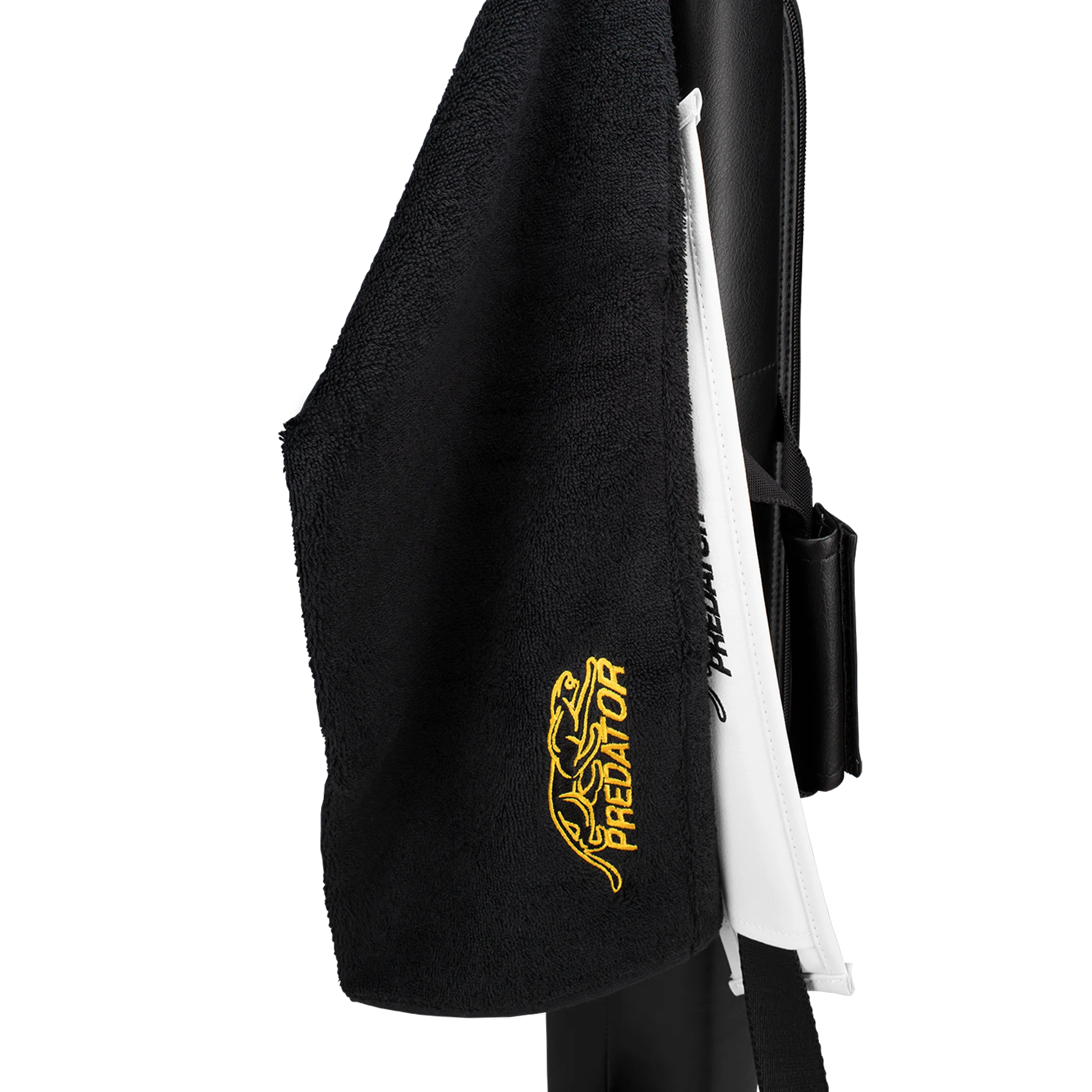 Black towel with yellow embroidered Predator logo, clipped to black and white pool cue case.