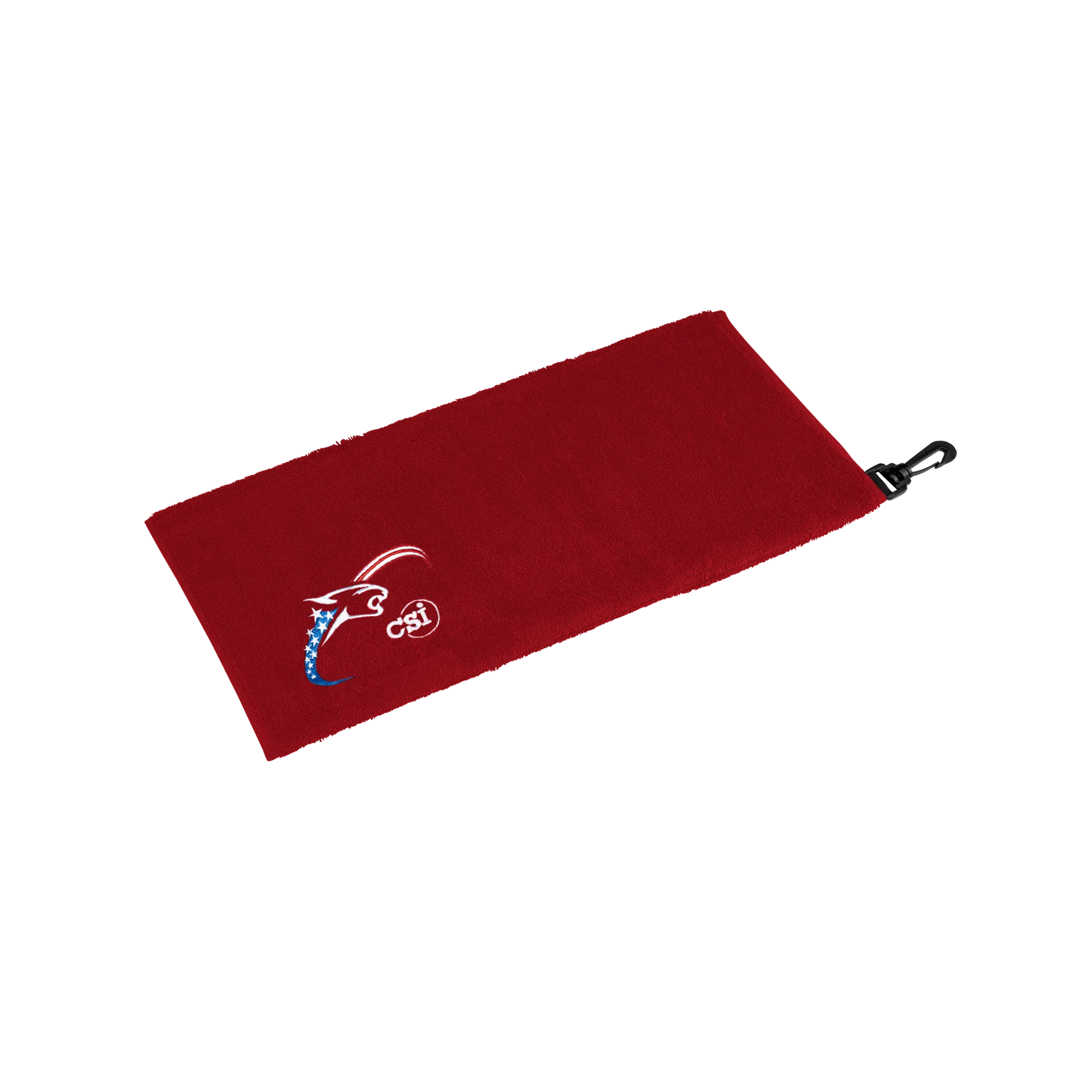 Red towel with red, white, and blue cat head logo on white background.