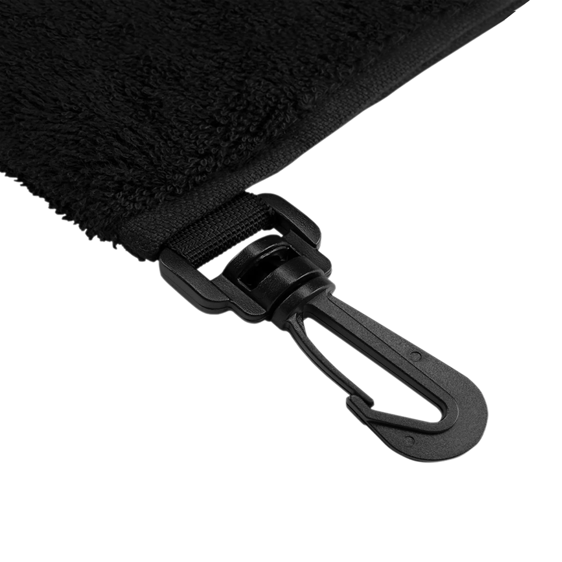 Black towel with black clip on white background.