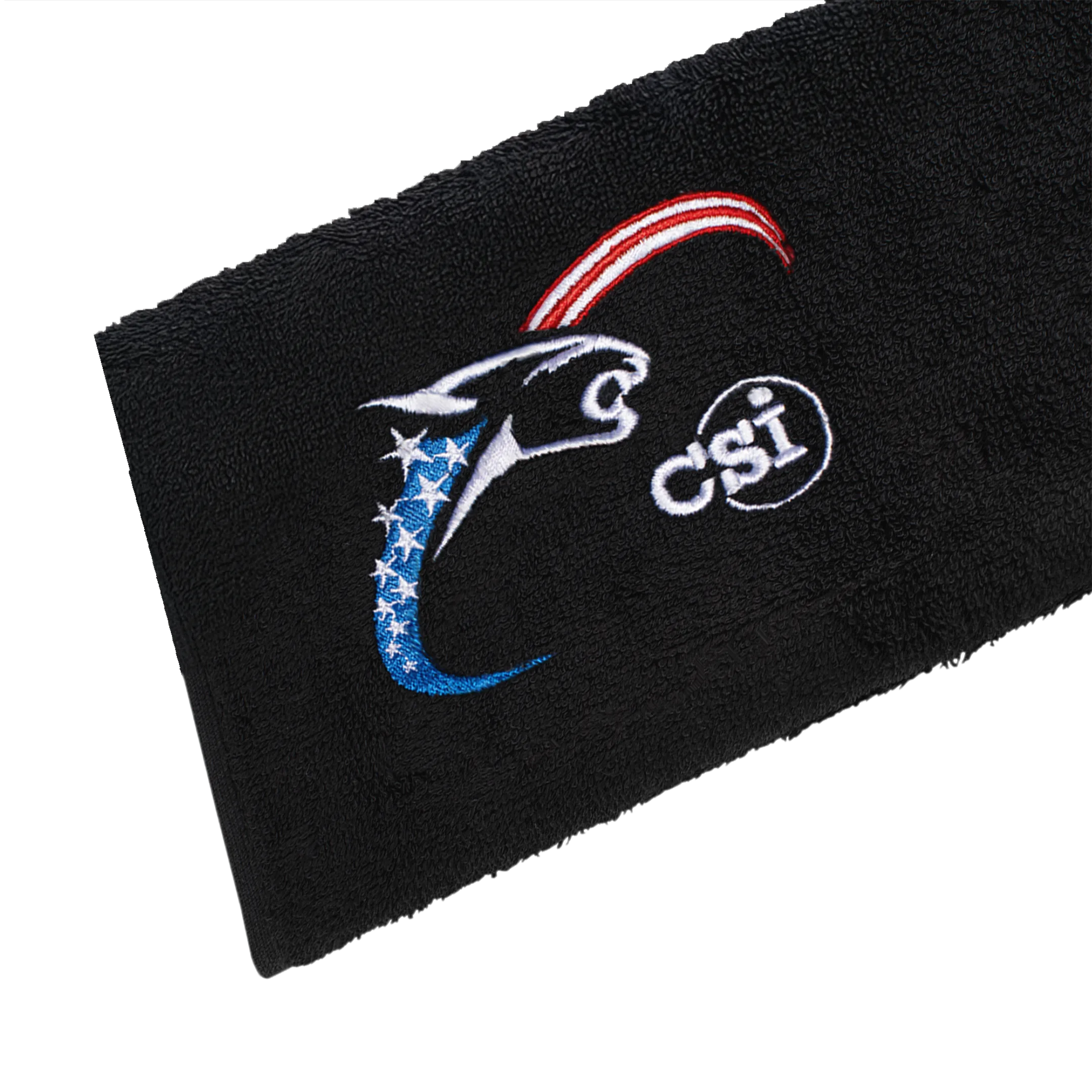 Black towel with red, white, and blue embroidered cat head logo on white background.
