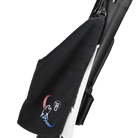 Black towel with red, white, and blue embroidered cat head logo, clipped to black and white pool cue case.