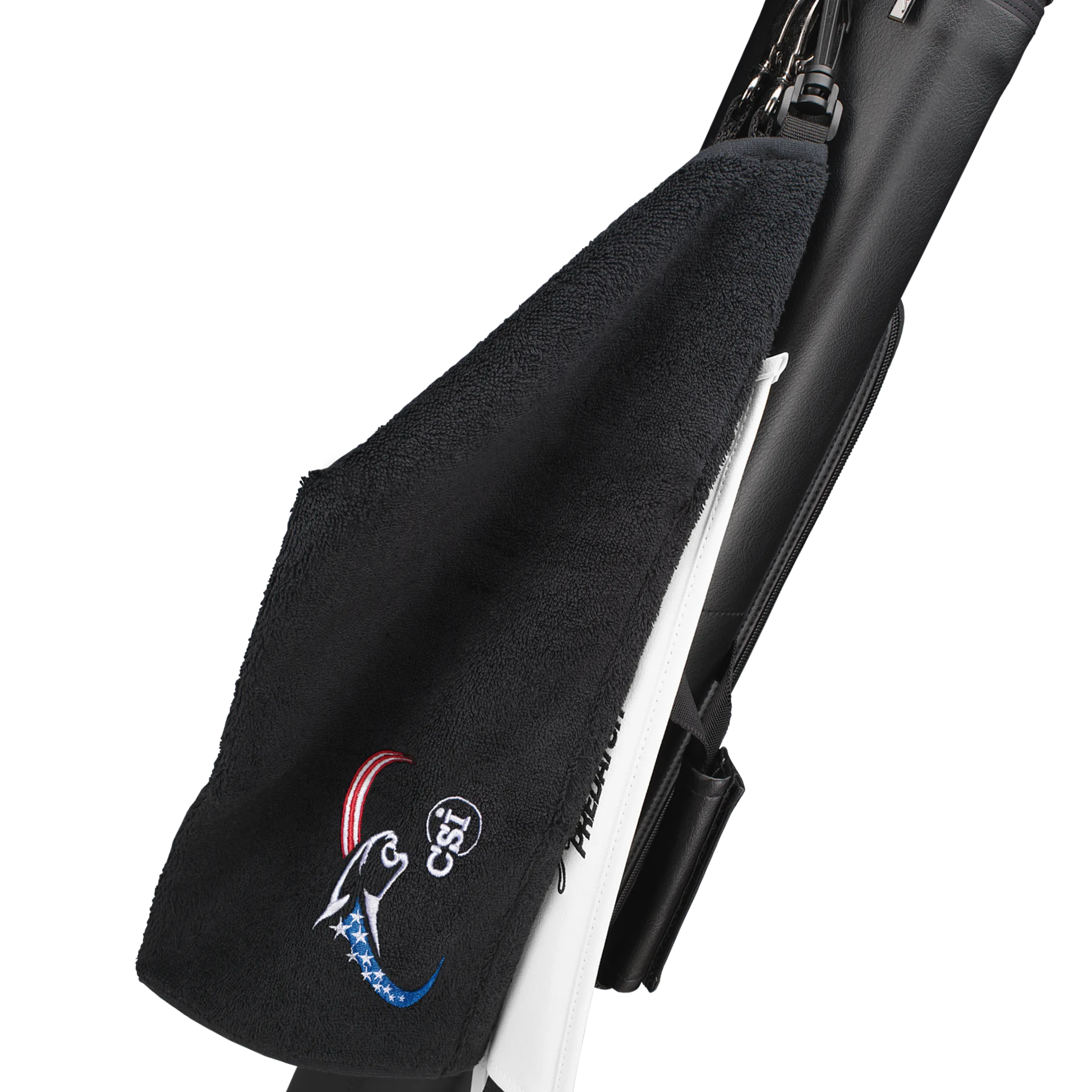 Black towel with red, white, and blue embroidered cat head logo, clipped to black and white pool cue case.