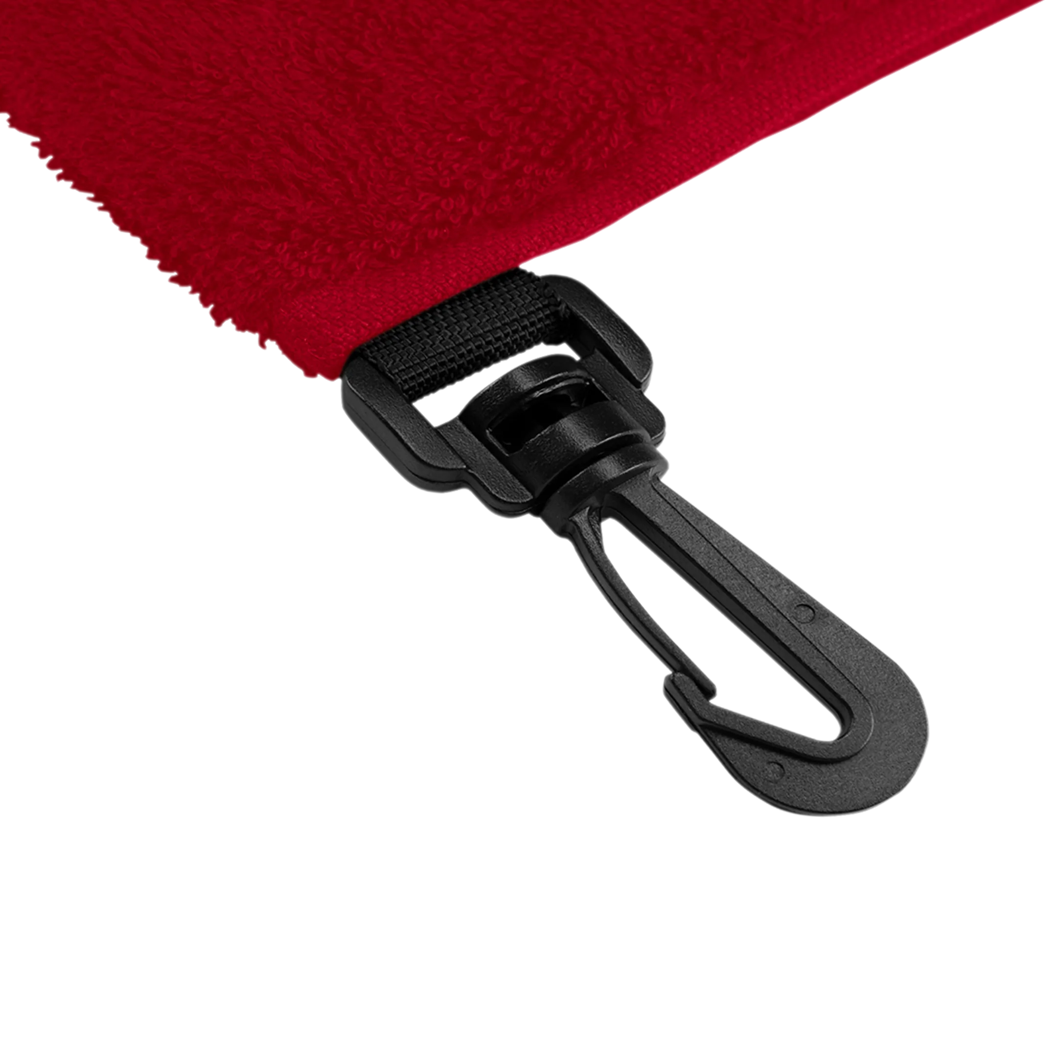 Red towel with a black clip on a white background.